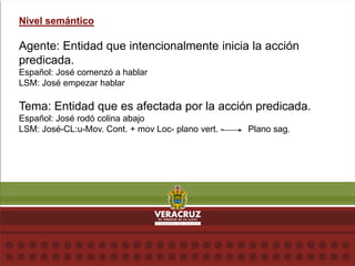Nivel semántico
Agente: Entidad que intencionalmente inicia la acción
predicada.
Español: José comenzó a hablar
LSM: José empezar hablar
Tema: Entidad que es afectada por la acción predicada.
Español: José rodó colina abajo
LSM: José-CL:u-Mov. Cont. + mov Loc- plano vert. - Plano sag.
 