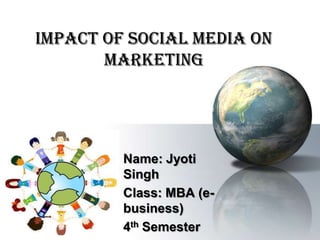 IMPACT OF SOCIAL MEDIA ON
       MARKETING




         Name: Jyoti
         Singh
         Class: MBA (e-
         business)
         4th Semester
 