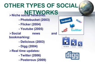 OTHER TYPES OF SOCIAL
          NETWORKS
 Niche social networks:
      - Photobucket (2003)
      - Flicker (2004)
      - Youtube (2005)
 Social         news      and
 bookmarking:
      - Delicious (2003)
      - Digg (2004)
 Real time updates:
      - Twitter (2006)
      - Posterous (2009)
 