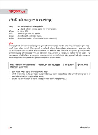 cÖwk¶Y mnvwqKv34
Awa‡ekb 05
cÖwZeÜx e¨w³‡`i my‡hvM I cÖZ¨vkvmg~n
D‡Ïk¨ : GB Awa‡ek‡bi gva¨‡g AskMÖnYKvixMY
● cªwZeÜx e¨w³‡`i my‡hvM I cÖZ¨vkv mg~n m¤ú‡K© Rvb‡eb|
w¯’wZKvj : 1 NÈv 30 wgwbU
c×wZ : Av‡jvPbv, gy³ wPšÍvi So, cÖ‡kœvËi
DcKiY : wd¬cPvU©/†nvqvBU †evW©, gvK©vi BZ¨vw`|
AYywelq : RxebhvÎvi gvb Dbœq‡b cÖwZeÜx e¨w³‡`i my‡hvM I cÖZ¨vkvmg~n|
f~wgKv
esjv‡`‡k cªwZeÜx e¨w³‡`i Rb¨ cÖ‡qvR‡bi Zzjbvq my‡hvM-myweav hrmvgvb¨ n‡jI miKvwi ch©v‡q wewfbœ ai‡bi my‡hvM-myweav i‡q‡Q|
miKvwi my‡hvM myweavi cvkvcvwk wewfbœ †emiKvwi ms¯’v cÖwZeÜx e¨w³‡`i Rxeb gvb Dbœq‡b KvR K‡i Avm‡Q| Gme my‡hvM myweav
MÖnY K‡i GKRb cÖwZeÜx e¨w³ mgv‡R wb‡R‡K AvZ¥cÖZ¨wq Ges ¯^”Qjfv‡e Rxeb hvcb Ki‡Z cv‡i (miKvwi my‡hvM myweav †hgb-
Av_©mvgvwRK †¶‡Î, wPwKrmvi †¶‡Î, wk¶v Ges Kg©ms¯’v‡bi †¶‡Î, †hvMv‡hvM I cwienb Ges mvgvwRK wbivcËvi †¶‡Î)| wKš‘
cÖZ¨šÍ AÂ‡ji cÖwZeÜx e¨w³‡`i g‡a¨ m‡PZbZv Kg _vKvq Zviv Gme my‡hvM myweav †_‡K ewÂZ n‡”Q| ZvB GB Awa‡ek‡bi gva¨‡g
cÖwZeÜx e¨w³‡`i Rb¨ wewfbœ ch©v‡q wKwK my‡hvM myweav i‡q‡Q Zv eY©bv Kiv n‡q‡Q|
Av‡jvPbv, gy³ wPšÍvi So, cÖ‡kœvËi 1 NÈv 30 wgwbU wd¬c PvU©, gvK©vi
 cÖ_‡g mnvqK †mk‡bi D‡Ïk¨ eY©bv K‡i †mkb ïiæ Ki‡eb|
 c~e©eZx© †mk‡bi mv‡_ msMwZ †i‡L mnvqK AskMÖnYKvix‡`i cÖkœ Ki‡eb mgv‡Ri wewfbœ ch©v‡q cÖwZeÜx e¨w³‡`i Rb¨ wK wK
my‡hvM myweav i‡q‡Q Ges Zv †ev‡W© wjwce× Ki‡eb|
 hw` †Kvb wKQz ev` hvq Zvn‡j Zv ej‡eb Ges we¯ÍvwiZ eY©bv Ki‡eb (mnvq‡Ki Z_¨ 5.1)|
KvRÑ1: RxebhvÎvi gvb Dbœq‡b cÖwZeÜx
e¨w³i my‡hvM I cÖZ¨vkvmg~n
 