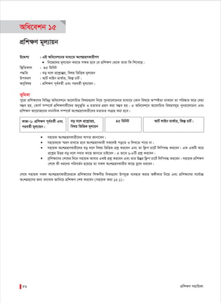 cÖwk¶Y mnvwqKv56
AvU© jvBb gvK©vi, wdí PvU©|KvRÑ1: cÖwk¶Y c~e©eZ©x Ges
cieZ©x g~j¨vqb|
eo `‡j cÖ‡kœvËi,
welq wfwËK g~j¨qb
45 wgwbU
Awa‡ekb 15
cÖwk¶Y g~j¨vqb
D‡Ïk¨ : GB Awa‡ek‡bi gva¨‡g AskMÖnYKvixMY
● wb‡R‡`i g~j¨vqb Ki‡Z m¶g n‡e †h cÖwk¶Y †_‡K Zviv wK wk‡L‡Q|
w¯’wZKvj : 45 wgwbU
c×wZ : eo `‡j cÖ‡kœvËÍi, welq wfwËK g~j¨qb
DcKiY : AvU© jvBb gvK©vi, wdí PvU©|
AYywelq : cÖwk¶Y c~e©eZ©x Ges cieZ©x g~j¨vqb|
f~wgKv
cy‡iv cÖwk¶‡Yi wewfbœ Awa‡ek‡b Av‡jvwPZ welq¸‡jv wb‡q cybiv‡jvPbvi gva¨‡g †Kvb wel‡q A¯úóZv _vK‡j Zv cwi®‹vi K‡i †`qv
m¤¢e nq, †Kvm© m¤ú‡K© cÖwk¶Yv_©x‡`i Abyf~wZ I gZvgZ MÖnY Kiv m¤¢e nq| G Awa‡ek‡b Av‡jvwPZ welqmg~n cybiv‡jvPbv Ges
cÖwk¶Y Av‡qvR‡bi bvbvw`K m¤ú‡K© AskMÖnYKvix‡`i gZvgZ msMÖn Kiv n‡e|
 mnvqK AskMÖnYKvix‡`i ¯^vMZ Rvbv‡eb|
 mnvqK‡K ¯§iY ivL‡Z n‡e AskMÖnYKvix mK‡jB co‡Z I wjL‡Z cv‡i bv|
 mnvqK AskMÖnYKvix‡`i eo `‡j welq wfwËK cÖkœ Ki‡eb Ges Zv wd¬c Pv‡U© wjwce× Ki‡eb| GK GKwU K‡i
cÖ‡kœi DËi eo `‡j mevi Kv‡Q Rvb‡Z PvB‡eb| G fv‡e 6-8wU cÖkœ Ki‡eb|
 cªwk¶‡Yi †k‡li w`‡b mnvqK Avevi GKB cÖkœ Ki‡eb Ges Zvi DËÍi wd¬c Pv‡U© wjwce× Ki‡eb| mnvqK cÖwk¶Y
†k‡l Kx ai‡bi cwieZ©b n‡q‡Q Zv mKj AskMÖnYKvixi Kv‡Q Zz‡j ai‡eb|
†k‡l mnvqK mKj AskMÖnYKvix‡`i‡K cÖwk¶‡Yi wk¶Yxq w`K¸‡jv Dchy³ e¨envi Kivi A½xKvi wb‡q Ges cÖwk¶‡Yi m‡e©v”P
AskMÖn‡Yi Rb¨ ab¨ev` Rvwb‡q cÖwk¶Y †kl Ki‡eb (mnvqK Z_¨ 15.1)|
 