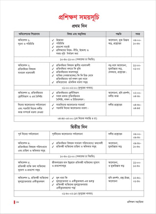 cÖwk¶Y mnvwqKv08
cÖwk¶Y mgqm~wP
Awa‡ek‡bi wk‡ivbvg welq Ges Abywelq c×wZ mgq
10:30-11:00 (mKv‡ji Pv weiwZ)
01:00-02:00 (`ycy‡ii Lvevi)
04:45-05:00 (1g w`‡bi mgvwß I Pv)
10:30-11:00 (mKv‡ji Pv weiwZ)
01:30-02:15 (`ycy‡ii Lvevi)
cÖ_g w`b
wØZxq w`b
Awa‡ekb 1.
m~Pbv I cwiwPwZ
✓ D‡Øvab
✓ cwiwPwZ
✓ cÖZ¨vkv hvPvB
✓ cÖwk¶‡Yi wbqg- bxwZ, D‡Ïk¨ I
mgq-m~wP wba©viY Kiv
Av‡jvPbv, gy³ wPšÍvi
So, cÖ‡kœvËi
09:00-
10:30
Awa‡ekb 2.
cÖwZewÜZv welqK
mvaviY aviYvejx
✓ cÖwZewÜZv welqK ¯’vbxq aviYvejx
✓ cÖwZewÜZv ej‡Z wK eywS
✓ cÖwZewÜZvi KviYmg~n
✓ e¨w³i (beRvZ‡Ki) wK wK wPý †`‡L
cÖwZewÜZvi c~e© j¶Y eySv hv‡e
✓ cÖwZ‡iv‡ai cÖv_wgK aviYv mg~n
eo `‡j Av‡jvPbv,
gy³wPšÍvi So,
†jKPvi, cÖ‡kœvËi|
11:00-
01:00
Awa‡ekb 3. cÖwZewÜZvi
†kªYxwefvM I Gi ˆewkó¨
✓ cÖwZewÜZvi †kªYxwefvM
✓ mKj cÖKvi cªwZewÜZvi
ˆewkó¨, j¶Y I wPwýZKiY|
Av‡jvPbv, Qwe cÖ`k©b,
`jxq KvR
02:00-
04:30
w`‡bi Av‡jvPbvi ch©v‡jvPbv
Ges ciewZ© w`‡bi `jxq
KvR m¤ú‡K© aviYv †`Iqv
✓ mvivw`‡bi Av‡jvPbvi mvigg©
✓ ciewZ© w`‡bi Av‡jvPbvi aviYv|
`jxq cÖ‡kœvËi 04:30-
04:45
c~e© w`‡bi ch©v‡jvPbv c~e©w`‡bi Av‡jvPbvi ch©v‡jvPbv `jxq cÖ‡kœvËi 09:00-
09:30
Awa‡ekb 4.
cÖwZewÜZv welqK cwimsL¨vb
Ges Pvwn`v I AwaKvi mg~n
✓ cÖwZewÜZv welqK mvaviY cwimsL¨vb/ Z_¨vejx
✓ cÖwZeÜx e¨w³‡`i Pvwn`v I AwaKvi mg~n
Av‡jvPbv,
gy³wPšÍvi So
09:30-
10:30
Awa‡ekb 5.
cÖwZeÜx e¨w³ Z_v e¨w³‡`i
my‡hvM I cÖZ¨vkv mg~n
RxebhvÎvi gvb Dbœq‡b cÖwZeÜx e¨w³‡`i my‡hvM
I cÖZ¨vkvmg~n
Av‡jvPbv,
I gy³wPšÍvi So
11:00-
12:30
Awa‡ekb 6. cÖwZeÜx e¨w³‡`i
g~j‡mªvZavivq GKxf~ZKiY
✓ g~j aviv wK
✓ g~j‡mªvZaviv I GKxfzZKiY-Gi ¸iæZ¡
✓ cÖwZeÜx e¨w³‡`i g~j‡mªvZavivq
GKxfzZKi‡Yi cš’v
Qwe cÖ`k©b, cÖkœ-DËi,
Av‡jvPbv
12:30-
01:30
 