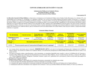 CONVOCATORIAS DE LICITACIÓN Y FALLOS
Administración Pública de la Ciudad de México
Secretaría de Obras y Servicios
Dirección General de Obras Públicas
Convocatoria: 05
La Dirección General de Obras Públicas en observancia a lo dispuesto en la Constitución Política de los Estados Unidos Mexicanos en su Articulo 134; y de
conformidad con los Artículos 23, 24 apartado A, 25 apartado A fracción I, 26 y 28 de la Ley de Obras Públicas del Distrito Federal; 54 fracción I, y 71 fracción I
de la Ley Orgánica de la Administración Pública del Distrito Federal; 37 fracción XVIII y 57 fracción IX del Reglamento Interior de la Administración Pública
del Distrito Federal; con apoyo en el Acuerdo Delegatorio de Facultades de fecha 5 de noviembre del 2007, expedido por el Jefe de Gobierno del Distrito Federal,
publicado en la Gaceta Oficial del Distrito Federal el 03 de diciembre de 2007, mediante oficio GDF/SOBSE/013/2016 de fecha 07 de enero de 2016, emitido por
el Secretario de Obras y Servicios, se convoca a las personas físicas y morales interesadas en participar en la licitación pública de carácter nacional con recursos
propios del Gobierno de la Ciudad de México, para la contratación de Servicios Relacionados con la Obra Pública a base de precio unitario y tiempo determinado,
conforme a lo siguiente:
Licitación Pública Nacional
No. De licitación Costo de las bases
Fecha limite para
adquirir las bases
Visita al sitio de
realización de los
trabajos
Junta de
aclaraciones
Presentación y
apertura de
proposiciones
Acto de apertura
económica
909005989-DGOP-L-
007-16
$ 2,000.00
20/Sep/2016
hasta las 14:00 horas
21/Sep/2016
10:00 horas
26/Sep/2016
11:00 horas
30/Sep/2016
11:00 horas
30/Sep/2016
11:01 horas
Clave fsc
(ccaop)
Descripción general de la obra
Fecha de inicio de
los trabajos
Fecha de
terminación
Capital contable
requerido
1020502 “Proyecto ejecutivo para la Construcción del Hospital General Cuajimalpa”. 11/Oct/2016 23/Dic/2017 $ 300,000.00
 Los recursos fueron autorizados para la licitación: 909005989-DGOP-L-007-16 por parte de la Secretaría de Finanzas del Gobierno de la Ciudad de
México (SFDF), con recursos de crédito de la Ciudad de México, con autorización presupuestal GCDMX/SOBSE/DGA/DRFM/1863/2016 de fecha 15 de
agosto de 2016.
 Las bases de licitación, planos, especificaciones y otros documentos, se encuentran disponibles para consulta y venta en la Subdirección de Concursos y
Contratos Obras Públicas de la Dirección de Procedimientos de Licitación de Obras Públicas, sita en Avenida Francisco del Paso y Troncoso 499, edificio
“A”, Colonia Magdalena Mixhuca, Delegación Venustiano Carranza, a partir de la publicación de la convocatoria y hasta la fecha límite para adquirir las
bases, de las 10:00 a las 14:00 horas.
1.- Requisitos para adquirir las bases:
Se deberá entregar original o copia legible de los siguientes documentos, presentando los originales para cotejar:
1.1. Escrito por parte del solicitante manifestando su interés en participar en la presente licitación.
1.2. Constancia del registro actualizado de concursante emitido por la Secretaria de Obras y Servicios del Gobierno de la Ciudad de México.
1.3. Declaración escrita de no encontrarse en los supuestos de los Artículo 37 de la Ley de Obras Públicas del Distrito Federal y 47 de la Ley Federal de
 