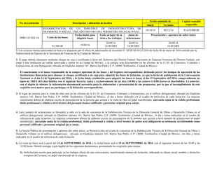 No. de Licitación Descripción y ubicación de la obra
Fecha estimada de Capital contable
requeridoInicio Termino
30001125-022-16
REHABILITACION DE UN INMUEBLE DE INFRAESTRUCTURA DE
DESARROLLO SOCIAL, UBICADO DENTRO DEL PERIMETRO DELEGACIONAL
10/10/16 08/12/16 $1,619,000.00
Costo de las bases
Fecha límite para
adquirir bases
Visita al lugar de la
obra o los trabajos
Junta de
aclaraciones
Presentación y apertura de sobre único
$1,500.00 19/09/16
20/09/16
14:00 HRS
26/09/16
16:00 HRS
30/09/16
16:00 HRS
1. Los recursos fueron autorizados en base a lo dispuesto por el oficio de autorización de inversión N° SFDF/SE/0123/2016 de fecha 06 de enero de 2016 emitido por la
Subsecretaria de Egresos de la Secretaria de Finanzas de la Ciudad de México.
2. El pago deberá efectuarse mediante cheque de caja o certificado a favor del Gobierno del Distrito Federal /Secretaría de Finanzas/Tesorería del Distrito Federal, con
cargo a una institución de crédito autorizada a operar en la Ciudad de México., y la compra será directamente en las oficinas de la J.U.D. de Concursos, Contratos y
Estimaciones de esta Delegación, ubicada en Gladiolas número 161, Barrio San Pedro, C.P. 16090, Xochimilco, Ciudad de México.
El concursante es el único responsable de la compra oportuna de las bases y del registro correspondiente, debiendo prever los tiempos de operación de las
Instituciones Bancarias para obtener el cheque certificado o de caja para adquirir las bases de licitación, ya que la fecha de publicación de la Convocatoria
Nacional es el día 14 de Septiembre del 2016, y la fecha límite establecida para adquirir las bases es hasta el día 19 Septiembre del 2016, comprendiendo un
lapso de TRES (03) días hábiles, con el siguiente horario: única y exclusivamente de las diez (10:00) a las catorce (14:00) horas en días hábiles. Lo anterior,
con el objeto de obtener la información documental necesaria para la elaboración y presentación de sus propuestas, por lo que el incumplimiento de este
requisito será motivo para no participar en la licitación correspondiente.
3. El lugar de reunión para la visita de obra será en las oficinas de la J.U.D. de Concursos, Contratos y Estimaciones, en el edificio delegacional, ubicado en Gladiolas
número 161, Barrio San Pedro, C.P. 16090, Xochimilco, Ciudad de México., el día y horas indicados en el cuadro de referencia de cada licitación. La empresa
concursante deberá de elaborar escrito de presentación de la persona que asistirá a la visita de obra en papel membretado, anexando copia de la cedula profesional,
titulo profesional o cédula a nivel técnico del personal técnico calificado y presentar original para cotejo.
4. La(s) junta(s) de aclaraciones se llevará(n) a cabo en la sala de concursos de la Subdirección Técnica de la Dirección General de Obras y Desarrollo Urbano en el
edificio delegacional, ubicado en Gladiolas número 161, Barrio San Pedro, C.P. 16090, Xochimilco, Ciudad de México., el día y horas indicados en el cuadro de
referencia de cada licitación. La empresa concursante deberá de elaborar escrito de presentación de la persona que asistirá a la(s) junta)s) de aclaraciones en papel
membretado, anexando copia de la cedula profesional, titulo profesional o cédula a nivel técnico de quién será obligatoria su asistencia acreditándolo como
personal calificado y presentar original para cotejo.
5. La Sesión Pública de presentación y apertura del sobre único, se llevará a cabo en la sala de concursos de la Subdirección Técnica de la Dirección General de Obras y
Desarrollo Urbano en el edificio delegacional, , ubicado en Gladiolas número 161, Barrio San Pedro, C.P. 16090, Xochimilco, Ciudad de México., los días y horas
indicados en el cuadro de referencia de cada licitación.
6. La venta de bases será a partir del 14 de SEPTIEMBRE de 2016 y la fecha límite será al 19 de SEPTIEMBRE de 2016, con el siguiente horario de las 10:00 a las
14:00 horas. Deberá entregar copia legible de los siguientes documentos, presentando los originales para cotejar:
A.- Solicitud por escrito para participar en los trabajos objeto de esta convocatoria, manifestando número de licitación, indicando su objeto social, nombre y domicilio
completo del licitante, en papel membretado de la empresa.
 
