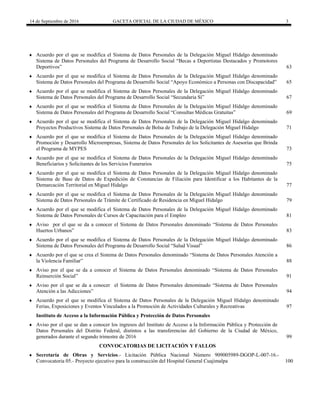 14 de Septiembre de 2016 GACETA OFICIAL DE LA CIUDAD DE MÉXICO 3
 Acuerdo por el que se modifica el Sistema de Datos Personales de la Delegación Miguel Hidalgo denominado
Sistema de Datos Personales del Programa de Desarrollo Social “Becas a Deportistas Destacados y Promotores
Deportivos” 63
 Acuerdo por el que se modifica el Sistema de Datos Personales de la Delegación Miguel Hidalgo denominado
Sistema de Datos Personales del Programa de Desarrollo Social “Apoyo Económico a Personas con Discapacidad” 65
 Acuerdo por el que se modifica el Sistema de Datos Personales de la Delegación Miguel Hidalgo denominado
Sistema de Datos Personales del Programa de Desarrollo Social “Secundaria Sí” 67
 Acuerdo por el que se modifica el Sistema de Datos Personales de la Delegación Miguel Hidalgo denominado
Sistema de Datos Personales del Programa de Desarrollo Social “Consultas Médicas Gratuitas” 69
 Acuerdo por el que se modifica el Sistema de Datos Personales de la Delegación Miguel Hidalgo denominado
Proyectos Productivos Sistema de Datos Personales de Bolsa de Trabajo de la Delegación Miguel Hidalgo 71
 Acuerdo por el que se modifica el Sistema de Datos Personales de la Delegación Miguel Hidalgo denominado
Promoción y Desarrollo Microempresas, Sistema de Datos Personales de los Solicitantes de Asesorías que Brinda
el Programa de MYPES 73
 Acuerdo por el que se modifica el Sistema de Datos Personales de la Delegación Miguel Hidalgo denominado
Beneficiarios y Solicitantes de los Servicios Funerarios 75
 Acuerdo por el que se modifica el Sistema de Datos Personales de la Delegación Miguel Hidalgo denominado
Sistema de Base de Datos de Expedición de Constancias de Filiación para Identificar a los Habitantes de la
Demarcación Territorial en Miguel Hidalgo 77
 Acuerdo por el que se modifica el Sistema de Datos Personales de la Delegación Miguel Hidalgo denominado
Sistema de Datos Personales de Trámite de Certificado de Residencia en Miguel Hidalgo 79
 Acuerdo por el que se modifica el Sistema de Datos Personales de la Delegación Miguel Hidalgo denominado
Sistema de Datos Personales de Cursos de Capacitación para el Empleo 81
 Aviso por el que se da a conocer el Sistema de Datos Personales denominado “Sistema de Datos Personales
Huertos Urbanos” 83
 Acuerdo por el que se modifica el Sistema de Datos Personales de la Delegación Miguel Hidalgo denominado
Sistema de Datos Personales del Programa de Desarrollo Social “Salud Visual” 86
 Acuerdo por el que se crea el Sistema de Datos Personales denominado “Sistema de Datos Personales Atención a
la Violencia Familiar” 88
 Aviso por el que se da a conocer el Sistema de Datos Personales denominado “Sistema de Datos Personales
Reinserción Social” 91
 Aviso por el que se da a conocer el Sistema de Datos Personales denominado “Sistema de Datos Personales
Atención a las Adicciones” 94
 Acuerdo por el que se modifica el Sistema de Datos Personales de la Delegación Miguel Hidalgo denominado
Ferias, Exposiciones y Eventos Vinculados a la Promoción de Actividades Culturales y Recreativas 97
Instituto de Acceso a la Información Pública y Protección de Datos Personales
 Aviso por el que se dan a conocer los ingresos del Instituto de Acceso a la Información Pública y Protección de
Datos Personales del Distrito Federal, distintos a las transferencias del Gobierno de la Ciudad de México,
generados durante el segundo trimestre de 2016 99
 CONVOCATORIAS DE LICITACIÓN Y FALLOS
 Secretaría de Obras y Servicios.- Licitación Pública Nacional Número 909005989-DGOP-L-007-16.-
Convocatoria 05.- Proyecto ejecutivo para la construcción del Hospital General Cuajimalpa 100
 
