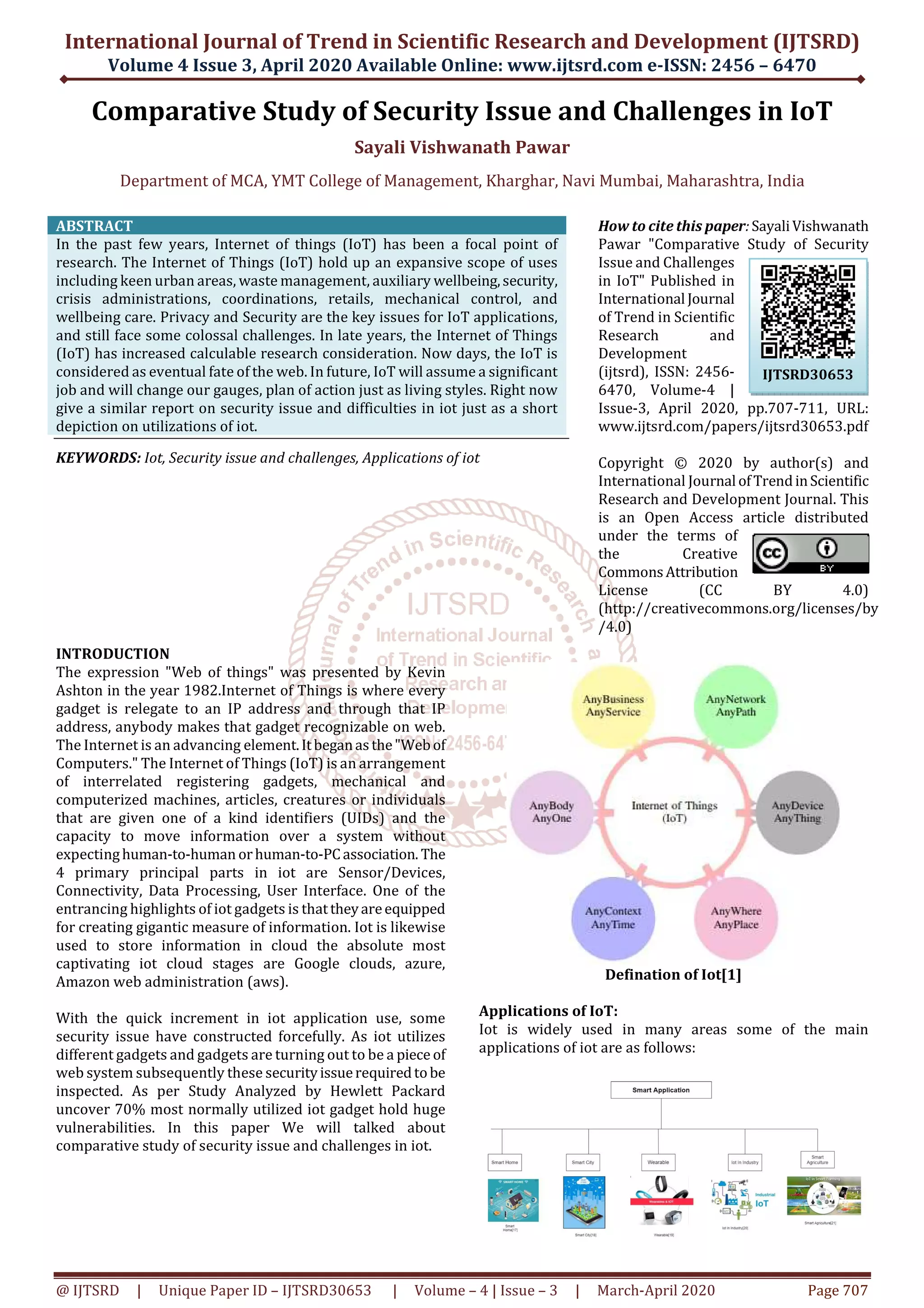 Comparative Study of Security Issue and Challenges in IoT | PDF