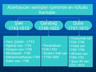 Azərbaycan xanlıqları içərsində ən nüfuzlu Xanlıqlar. Şəki 1743-1819 Qarabağ 1748-1822 Quba 1747-1810 Hacı Çələbi- 1743 Ağakişi bəy- 1755 Hüseyin xan-1759 Əbdülqədir- 1780 Məhəmmədhəsən-1784 Səlim xan- 1795 Pənahəlixan 1748-1763 İbrahim Xəlil xan 1759-1806 Hüseyinəli xan 1726-1758 Fətəli xan 1758-1789 Əhməd xan 1789-1791 Şeyx Əli xan 1791-1810 