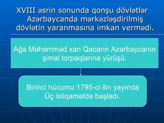 XVIII əsrin sonunda qonşu dövlətlər Azərbaycanda mərkəzləşdirilmiş dövlətin yaranmasına imkan vermədi. Ağa Məhəmməd xan Qacarın Azərbaycanın şimal torpaqlarına yürüşü. Birinci hücumu 1795-ci ilin yayında Üç istiqamətdə başladı. 