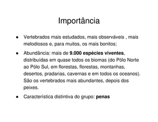 Importância
Vertebrados mais estudados, mais observáveis , mais
melodiosos e, para muitos, os mais bonitos;
Abundância: mais de 9.000 espécies viventes,
distribuídas em quase todos os biomas (do Pólo Norte
ao Pólo Sul, em florestas, florestas, montanhas,
desertos, pradarias, cavernas e em todos os oceanos).
São os vertebrados mais abundantes, depois dos
peixes.
Característica distintiva do grupo: penas
 