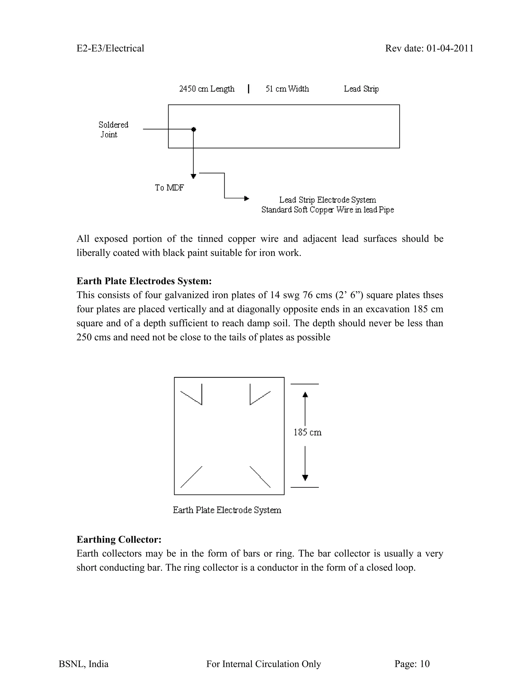 E2-E3/Electrical Rev date: 01-04-2011
BSNL, India For Internal Circulation Only Page: 10
All exposed portion of the tinned copper wire and adjacent lead surfaces should be
liberally coated with black paint suitable for iron work.
Earth Plate Electrodes System:
This consists of four galvanized iron plates of 14 swg 76 cms (2’ 6”) square plates thses
four plates are placed vertically and at diagonally opposite ends in an excavation 185 cm
square and of a depth sufficient to reach damp soil. The depth should never be less than
250 cms and need not be close to the tails of plates as possible
Earthing Collector:
Earth collectors may be in the form of bars or ring. The bar collector is usually a very
short conducting bar. The ring collector is a conductor in the form of a closed loop.
 