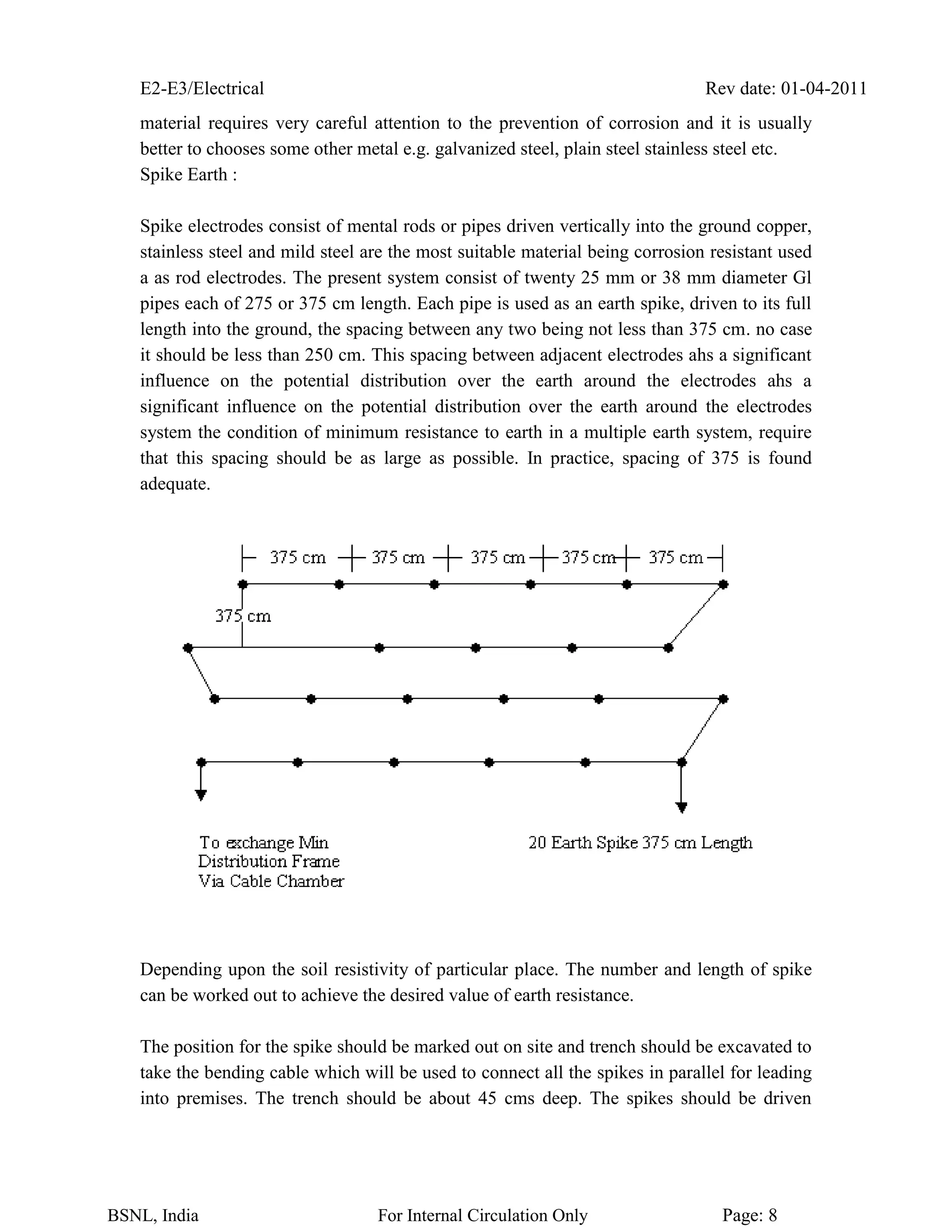 E2-E3/Electrical Rev date: 01-04-2011
BSNL, India For Internal Circulation Only Page: 8
material requires very careful attention to the prevention of corrosion and it is usually
better to chooses some other metal e.g. galvanized steel, plain steel stainless steel etc.
Spike Earth :
Spike electrodes consist of mental rods or pipes driven vertically into the ground copper,
stainless steel and mild steel are the most suitable material being corrosion resistant used
a as rod electrodes. The present system consist of twenty 25 mm or 38 mm diameter Gl
pipes each of 275 or 375 cm length. Each pipe is used as an earth spike, driven to its full
length into the ground, the spacing between any two being not less than 375 cm. no case
it should be less than 250 cm. This spacing between adjacent electrodes ahs a significant
influence on the potential distribution over the earth around the electrodes ahs a
significant influence on the potential distribution over the earth around the electrodes
system the condition of minimum resistance to earth in a multiple earth system, require
that this spacing should be as large as possible. In practice, spacing of 375 is found
adequate.
Depending upon the soil resistivity of particular place. The number and length of spike
can be worked out to achieve the desired value of earth resistance.
The position for the spike should be marked out on site and trench should be excavated to
take the bending cable which will be used to connect all the spikes in parallel for leading
into premises. The trench should be about 45 cms deep. The spikes should be driven
 