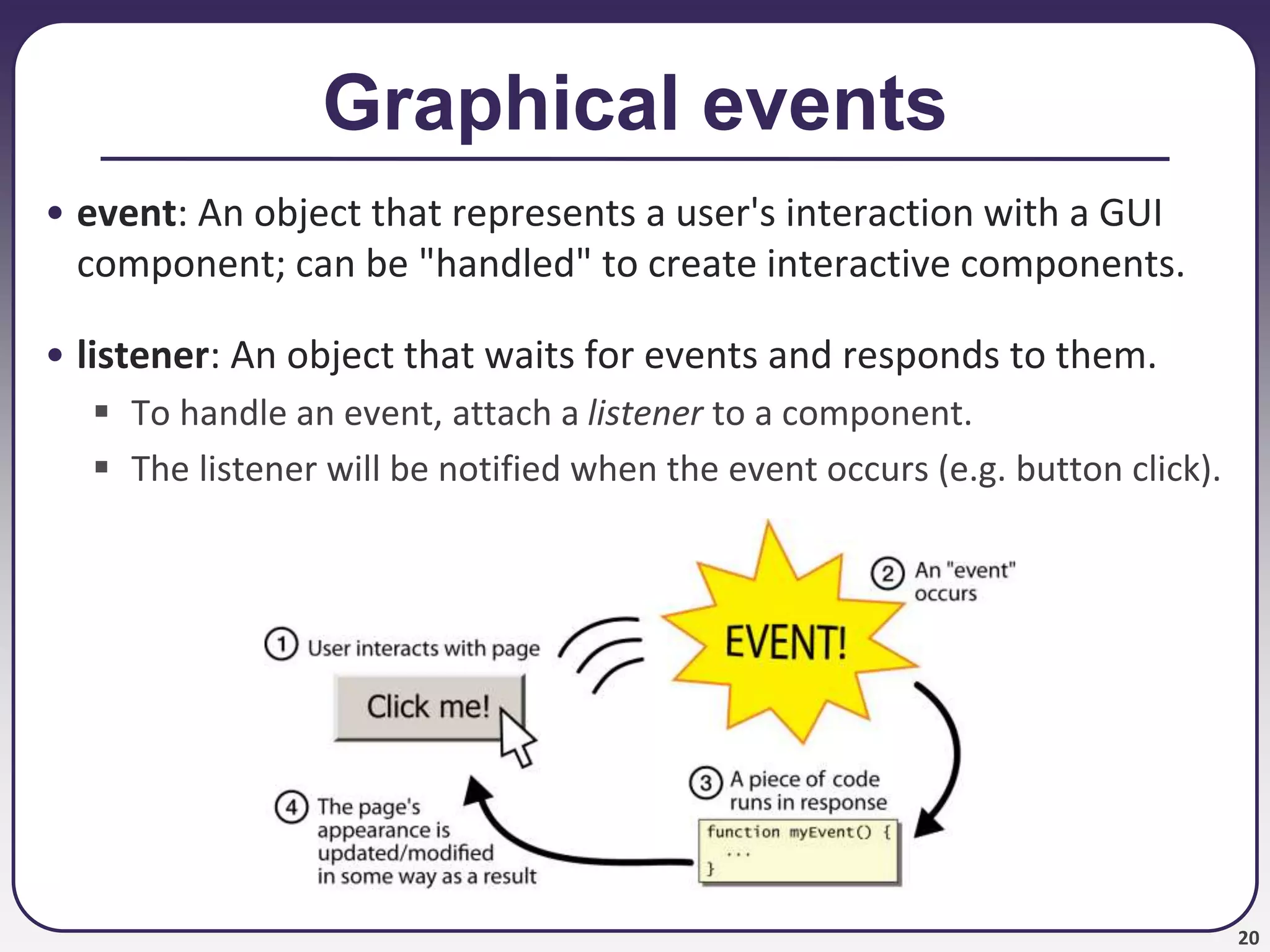 20
Graphical events
• event: An object that represents a user's interaction with a GUI
component; can be "handled" to create interactive components.
• listener: An object that waits for events and responds to them.
 To handle an event, attach a listener to a component.
 The listener will be notified when the event occurs (e.g. button click).
 