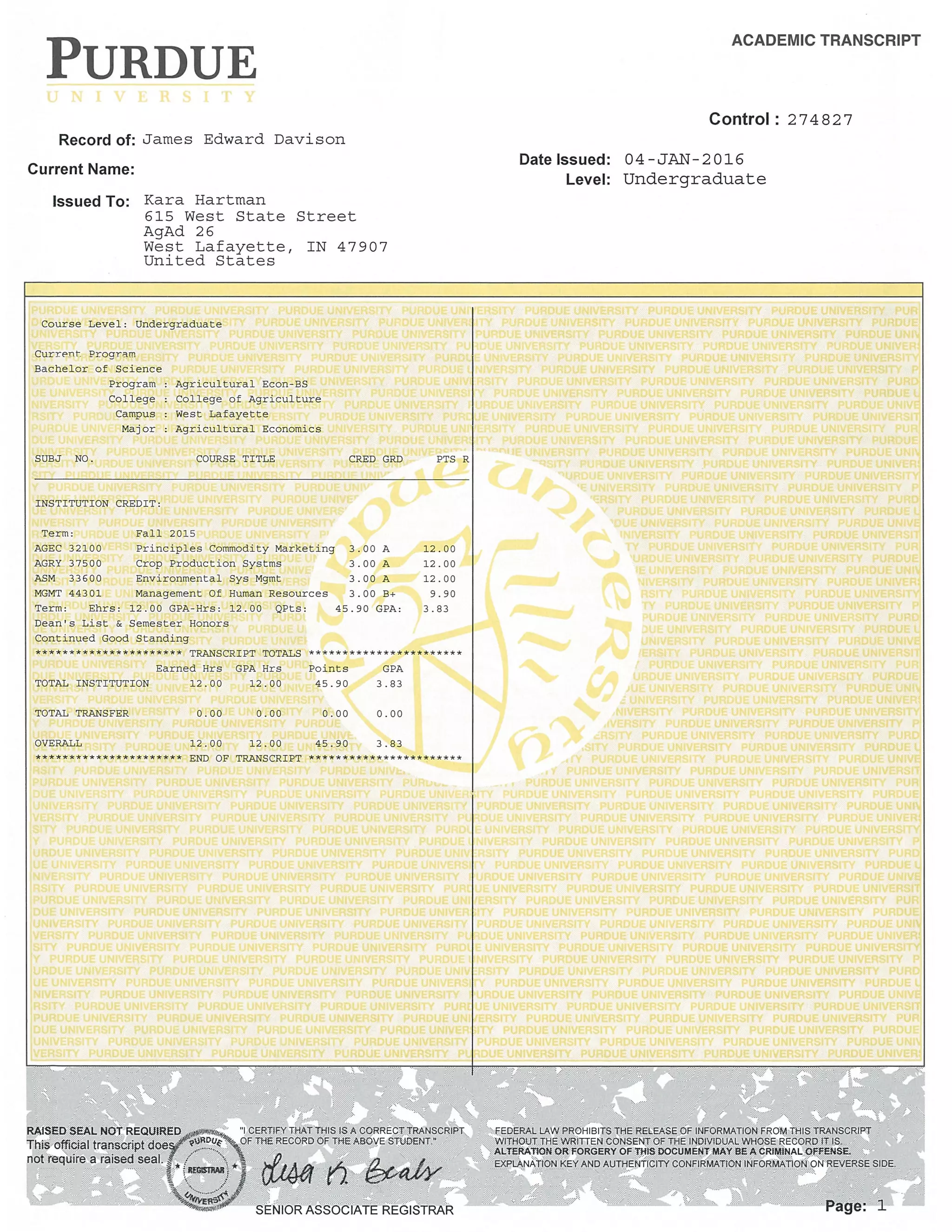 Purdue transcript | PDF