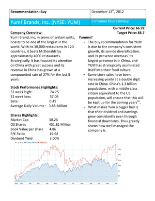 Recommendation:	
  Buy	
  
	
  
December	
  12th
,	
  2012	
  
Yum!	
  Brands,	
  Inc.	
  (NYSE:	
  YUM)	
   Consumer	
  Discretionary	
  
	
  
Company	
  Overview:	
  
Yum!	
  Brand,	
  Inc,	
  in	
  terms	
  of	
  system	
  units,	
  
boasts	
  to	
  be	
  one	
  of	
  the	
  largest	
  in	
  the	
  
world.	
  With	
  its	
  38,000	
  restaurants	
  in	
  120	
  
countries,	
  it	
  beats	
  McDonalds	
  by	
  
approximately	
  4000	
  restaurants.	
  
Strategically,	
  it	
  has	
  focused	
  its	
  attention	
  
on	
  China	
  with	
  great	
  success	
  and	
  its	
  
revenue	
  in	
  China	
  has	
  grown	
  at	
  a	
  
compounded	
  rate	
  of	
  27%	
  for	
  the	
  last	
  5	
  
years.	
  
	
  
Stock	
  Performance	
  Highlights:	
  
52	
  week	
  high:	
  	
  	
  	
  	
  	
  	
  	
  	
  	
  	
  	
  	
  	
  	
  	
  	
  	
  	
  	
  	
  74.75	
  
52	
  week	
  low:	
  	
  	
  	
  	
  	
  	
  	
  	
  	
  	
  	
  	
  	
  	
  	
  	
  	
  	
  	
  	
  	
  57.09	
  
Beta:	
  	
  	
  	
  	
  	
  	
  	
  	
  	
  	
  	
  	
  	
  	
  	
  	
  	
  	
  	
  	
  	
  	
  	
  	
  	
  	
  	
  	
  	
  	
  	
  	
  	
  	
  	
  0.49	
  
Average	
  Daily	
  Volume	
  :	
  	
  	
  3.83	
  Million	
  
	
  
Shares	
  Highlights:	
  
Market	
  Cap	
  	
  	
  	
  	
  	
  	
  	
  	
  	
  	
  	
  	
  	
  	
  	
  	
  	
  	
  	
  	
  	
  	
  	
  30.23	
  
OS	
  Shares	
  	
  	
  	
  	
  	
  	
  	
  	
  	
  	
  	
  	
  	
  	
  	
  	
  	
  	
  	
  	
  	
  	
  	
  	
  	
  	
  451.81	
  Million	
  
Book	
  Value	
  per	
  share	
  	
  	
  	
  	
  	
  	
  4.86	
  
P/E	
  Ratio	
  	
  	
  	
  	
  	
  	
  	
  	
  	
  	
  	
  	
  	
  	
  	
  	
  	
  	
  	
  	
  	
  	
  	
  	
  	
  	
  	
  	
  19.68	
  
Dividend	
  Yield	
  	
  	
  	
  	
  	
  	
  	
  	
  	
  	
  	
  	
  	
  	
  	
  	
  	
  	
  	
  2.00%	
  
	
  
Current	
  Price:	
  66.92	
  
Target	
  Price:	
  88.7	
  
Yummy?	
  
• The	
  buy	
  recommendation	
  for	
  YUM	
  
is	
  due	
  to	
  the	
  company’s	
  consistent	
  
growth,	
  its	
  service	
  diversification,	
  
and	
  its	
  presence	
  overseas.	
  Its	
  
largest	
  presence	
  is	
  in	
  China,	
  and	
  
YUM	
  has	
  strategically	
  assimilated	
  
itself	
  into	
  their	
  food	
  culture.	
  	
  
• Same	
  store	
  sales	
  have	
  been	
  
increasing	
  yearly	
  at	
  a	
  double	
  digit	
  
rate	
  in	
  China.	
  China’s	
  1.3	
  billion	
  
populations,	
  with	
  a	
  middle	
  class	
  
citizen	
  equivalent	
  to	
  the	
  US	
  
population,	
  will	
  ensure	
  that	
  this	
  will	
  
be	
  kept	
  up	
  for	
  the	
  coming	
  years10
.	
  
• What	
  makes	
  Yum	
  a	
  bigger	
  buy	
  is	
  
that	
  their	
  dividend	
  and	
  earnings	
  
grew	
  consistently	
  even	
  through	
  
financial	
  downturns.	
  Thus	
  greatly	
  
shows	
  how	
  well	
  managed	
  the	
  
company	
  is.	
  
	
  
	
  
whats	
  
 