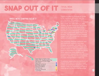 The campaign features traditional
and non-traditional mediums that
make Snapple accessible, ultimately
driving them to in-store purchases.
When selecting mediums dealing
with transportation, placements
were decided based on the
ridership and accessibility of public
transportation in each city.
We picked these cities based on
population size and Snapple drinker
habits gathered from MRI Data.
We picked these cities based on
population size and current Snapple
drinker data gathered from MRI.
SDRS data provided information
on the psychographics of people
in each area and further aided in
selecting placements.
Where we're snapping out of it
There’s no need for Snapple to speak
to the heartland differently than the
non-heartland. We traveled to NYC,
Snapple’s hometown, and found Snapple
everywhere. But after talking to New
Yorkers, we also found that the primary
reason for its popularity there is the
simple fact that it’s more accessible.
Heartland or non-Heartland, people who
just want a good drink don’t need to be
divided. The distinction in how Snapple
targets them will instead be in its media
tactics and placements.
This campaign features traditional and
non-traditional mediums that make
Snapple accessible, ultimately driving
them to in-store purchases. Cities were
chosen based on their population and a
blend of information from MRI and SDRS.
When selecting media dealing with
transportation, placements were decided
based on ridership and the accessibility
of public transportation in each city.
To address seasonality,the heartland will
feature 50/50 tea and juice beverages
in their advertisments depending on the
season, while non-heartland will feature
more tea as it is the favored beverage.
Snap out of it
9
typical media
segmentation
 