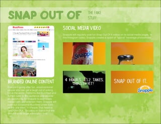 the fake
stuffSnap out of
branded online content
social media video
Snapple’s going after fun, unconventional
people who can get a laugh out of poking
fun at the world. Platforms like Buzzfeed and
Tumblr cater to this audience and provide
an opportunity for Snapple to seamlessly
interact with and entertain them. Snapple will
push out occasional Buzzfeed posts such
as this one titled “11 People That Need to
Snap Out Of It,” focusing on topics that are
relevant to its target audience’s lives.
Snapple will regularly post fun Snap Out Of It videos on its social media pages. In
this Instagram video, Snapple creates a spoof of “typical” beverage photoshoots.
 