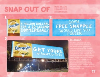 paying millions
of dollars for
one commercialSnap out of
17
The three billboards will work
as a complimentary medium to
the already digital content out
there promoting the free Snapple
giveaway. Since the billboards will
be placed on a fast moving highway,
using three in a row will grab the
attention of drivers as they drive by
ideally driving them to an in-store
purchase. The message points
out how ridiculously expensive
Super Bowl spots are and brings
awareness to how Snapple is doing
the exact opposite by just giving out
their product for free.
1. 2.
3. billboards
 