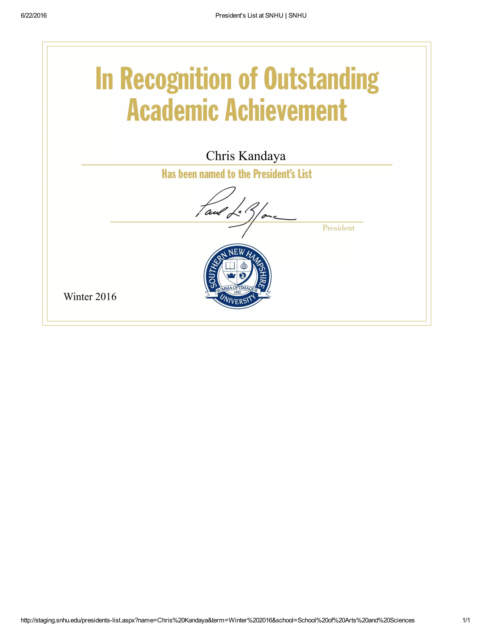 President's List at SNHU _ SNHU PDF