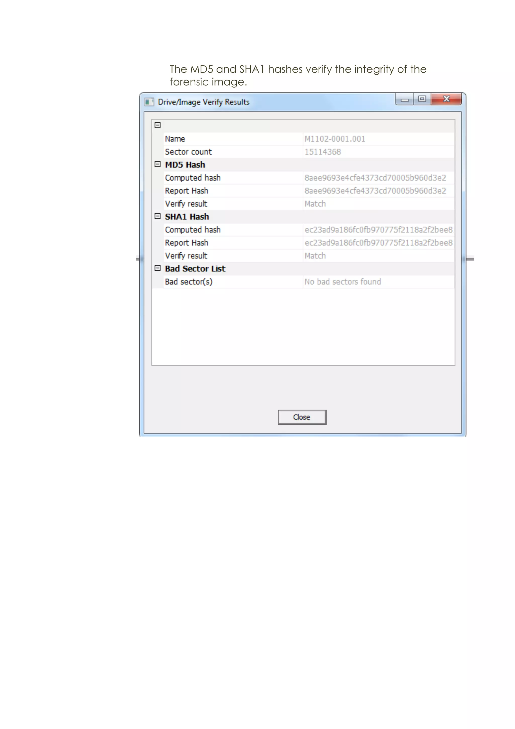 The MD5 and SHA1 hashes verify the integrity of the
forensic image.
 