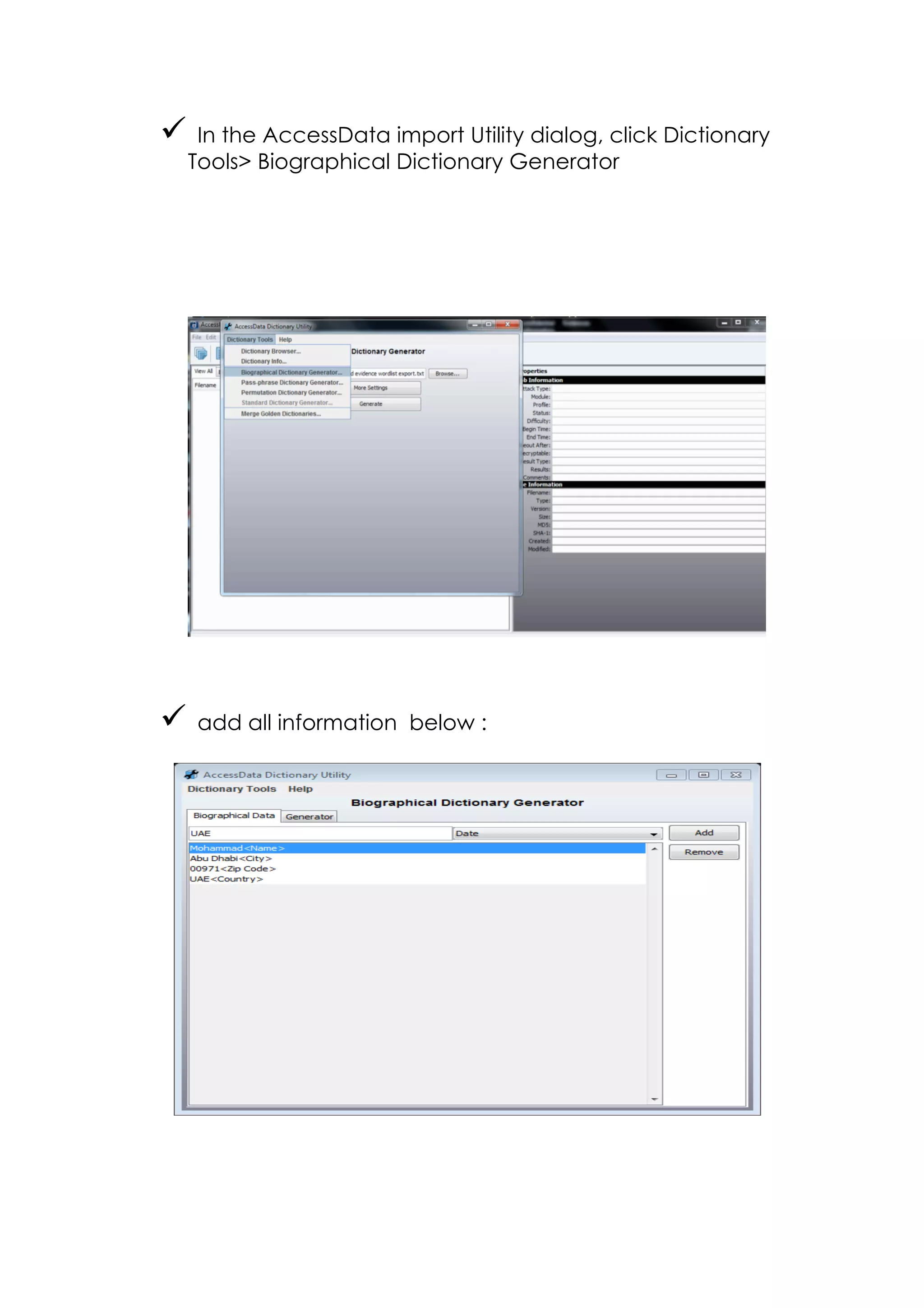 ü In the AccessData import Utility dialog, click Dictionary
Tools Biographical Dictionary Generator
ü add all information below :
 