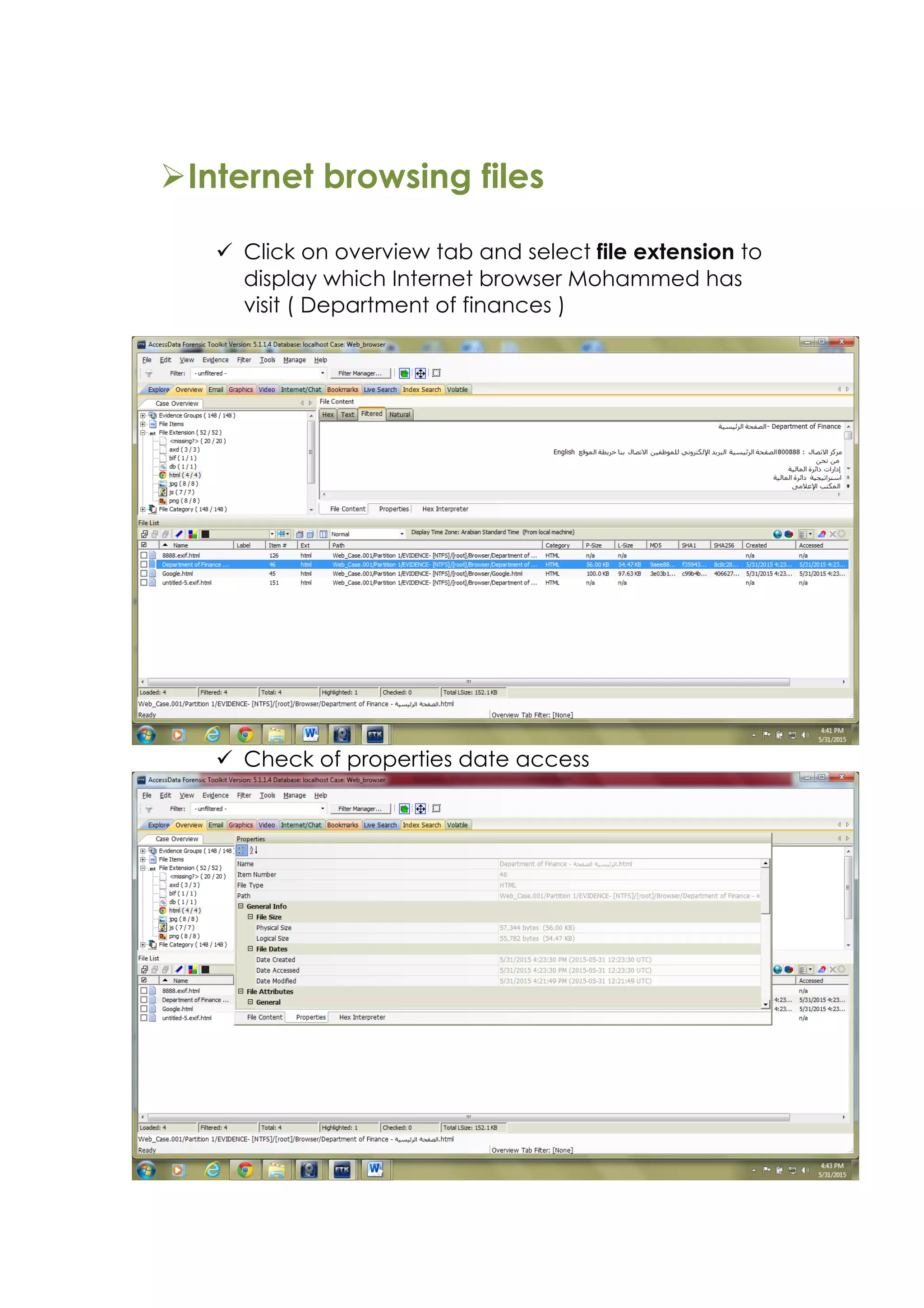 ØInternet browsing files
ü Click on overview tab and select file extension to
display which Internet browser Mohammed has
visit ( Department of finances )
ü Check of properties date access
 