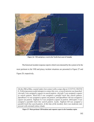 102
Figure 26: VID and piracy event in the North-East coast of Somalia
The historical incident response reports which were deemed by the system to be the
most pertinent to the VID and piracy incident situations are presented in Figure 27 and
Figure 28, respectively.
Figure 27: Most pertinent VID incident and response report in the Somalian region
On the 20th of May, coastal radars lost contact with a cargo ship at 13.5375 N, 50.6724
E. Following unsuccessful attempts to contact the crew, a search mission was launched.
Aircraft-3 was assigned a square in search pattern. Aircraft-2 was assigned a square
in search pattern. SlowUAV-3 was assigned a parallel track line search pattern.
Speedboat-3-A was assigned a square out pattern, and Speedboat-3-B was assigned a
square out pattern. Tugboat-3-A was assigned a square in pattern. Helicopter-3 was
assigned a parallel track line search pattern. Lastly, Tugboat-3-B was assigned a
parallel track line search pattern. At the time of the incident, there was moderate rain
present with extremely dense clouds.
 