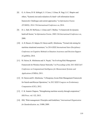 119
[8] G. A. Gross, D. R. Schlegel, J. J. Corso, J. Llinas, R. Nagi, S. C. Shapiro and
others, "Systemic test and evaluation of a hard+ soft information fusion
framework: Challenges and current approaches," in Information Fusion
(FUSION), 2014 17th International Conference on, 2014.
[9] D. L. Hall, M. McNeese, J. Llinas and T. Mullen, "A framework for dynamic
hard/soft fusion," in Information Fusion, 2008 11th International Conference on,
2008.
[10] A. H. Razavi, D. Inkpen, R. Falcon and R. Abielmona, "Textual risk mining for
maritime situational awareness," in 2014 IEEE International Inter-Disciplinary
Conference on Cognitive Methods in Situation Awareness and Decision Support
(CogSIMA), 2014.
[11] R. Falcon, R. Abielmona and A. Nayak, "An Evolving Risk Management
Framework for Wireless Sensor Networks," in Proceedings of the 2011 IEEE Int'l
Conference on Computational Intelligence for Measurement Systems and
Applications (CIMSA), 2011.
[12] R. Falcon and R. Abielmona, "A Response-Aware Risk Management Framework
for Search-and-Rescue Operations," in 2012 IEEE Congress on Evolutionary
Computation (CEC), 2012.
[13] C. K. Ioannis Chapsos, "Strengthening maritime security through cooperation,"
IOS Press, vol. 122, 2015.
[14] ISO, "Risk management: Principles and Guidelines," International Organization
for Standardization, no. 31000, 2009.
 