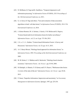 124
[43] D. McMaster, R. Nagi and K. Sambhoos, "Temporal alignment in soft
information processing," in Information Fusion (FUSION), 2011 Proceedings of
the 14th International Conference on, 2011.
[44] G. A. Gross, R. Nagi and others, "Test and evaluation of data association
algorithms in hard+ soft data fusion," in Information Fusion (FUSION), 2014 17th
International Conference on, 2014.
[45] J. Gómez-Romero, M. A. Serrano, J. García, J. M. Molina and G. Rogova,
"Context-based multi-level information fusion for harbor surveillance,"
Information Fusion , vol. 21, no. 0, pp. 173-186, 2015.
[46] J. G. a. J. L. L. Snidaro, "Context-based Information Fusion: A Survey and
Discussion," Information Fusion, vol. 25, pp. 16-31, 2015.
[47] A.-C. Boury-Brisset, "Ontology-based approach for information fusion," in
Information Fusion, 2003. Proceedings of the Sixth International Conference of,
2003.
[48] M. M. Kokar, C. J. Matheus and K. Baclawski, "Ontology-based situation
awareness," Information Fusion , vol. 10, no. 1, pp. 83-98, 2009.
[49] B. Khaleghi, A. Khamis, F. O. Karray and S. N. Razavi, "Multisensor data fusion:
A review of the state-of-the-art," Information Fusion, vol. 14, no. 1, pp. 28-44,
2013.
[50] P. Smets, "Imperfect information: Imprecision and uncertainty," in Uncertainty
Management in Information Systems, Springer, 1997, pp. 225-254.
 