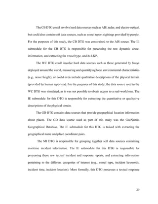 29
The CB DTG could involve hard data sources such as AIS, radar, and electro-optical,
but could also contain soft data sources, such as vessel report sightings provided by people.
For the purposes of this study, the CB DTG was constrained to the AIS source. The IE
submodule for the CB DTG is responsible for processing the raw dynamic vessel
information, and extracting the vessel type, and its LKP.
The WC DTG could involve hard data sources such as those generated by buoys
deployed around the world, measuring and quantifying local environmental characteristics
(e.g., wave height), or could even include qualitative descriptions of the physical terrain
(provided by human reporters). For the purposes of this study, the data source used in the
WC DTG was simulated, as it was not possible to obtain access to a real-world one. The
IE submodule for this DTG is responsible for extracting the quantitative or qualitative
descriptions of the physical terrain.
The GD DTG contains data sources that provide geographical location information
about places. The GD data source used as part of this study was the GeoNames
Geographical Database. The IE submodule for this DTG is tasked with extracting the
geographical name and place coordinate pairs.
The MI DTG is responsible for grouping together soft data sources containing
maritime incident information. The IE submodule for this DTG is responsible for
processing these raw textual incident and response reports, and extracting information
pertaining to the different categories of interest (e.g., vessel type, incident keywords,
incident time, incident location). More formally, this DTG processes a textual response
 