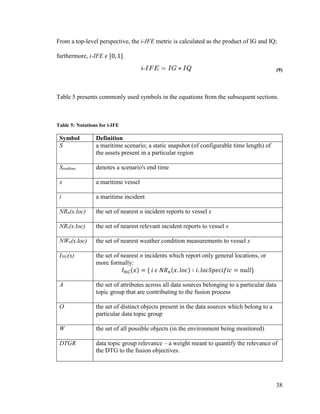 38
From a top-level perspective, the i-IFE metric is calculated as the product of IG and IQ;
furthermore, i-IFE 𝜖 [0, 1].
(9)
Table 5 presents commonly used symbols in the equations from the subsequent sections.
Table 5: Notations for i-IFE
Symbol Definition
S a maritime scenario; a static snapshot (of configurable time length) of
the assets present in a particular region
Sendtime denotes a scenario's end time
x a maritime vessel
i a maritime incident
NRn(x.loc) the set of nearest n incident reports to vessel x
NRr(x.loc) the set of nearest relevant incident reports to vessel x
NWn(x.loc) the set of nearest weather condition measurements to vessel x
ING(x) the set of nearest n incidents which report only general locations, or
more formally:
𝐼 𝑁𝐺(𝑥) = { 𝑖 𝜖 𝑁𝑅 𝑛(𝑥. 𝑙𝑜𝑐) ∶ 𝑖. 𝑙𝑜𝑐𝑆𝑝𝑒𝑐𝑖𝑓𝑖𝑐 = 𝑛𝑢𝑙𝑙}
A the set of attributes across all data sources belonging to a particular data
topic group that are contributing to the fusion process
O the set of distinct objects present in the data sources which belong to a
particular data topic group
W the set of all possible objects (in the environment being monitored)
DTGR data topic group relevance – a weight meant to quantify the relevance of
the DTG to the fusion objectives.
 