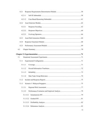 vi
4.2.1 Response Requirements Determination Module.............................................................58
4.2.1.1 Soft IE Submodule .................................................................................................58
4.2.1.2 Case-Based Reasoning Submodule ........................................................................61
4.2.2 Asset Selection Module...................................................................................................62
4.2.2.1 Response Encoding ................................................................................................62
4.2.2.2 Response Objectives...............................................................................................64
4.2.2.3 Evolving Operators.................................................................................................66
4.2.3 Asset Path Generation Module........................................................................................68
4.2.4 Response Enactment Module..........................................................................................68
4.2.5 Performance Assessment Module...................................................................................69
4.3 Chapter Summary................................................................................................................70
Chapter 5. Experimentation ................................................................................................ 71
5.1 Situational Assessment Experiments...................................................................................71
5.1.1 Experimental Configuration............................................................................................71
5.1.1.1 Coverage.................................................................................................................71
5.1.1.2 Overall Information Timeliness .............................................................................72
5.1.1.3 Reliability...............................................................................................................73
5.1.1.4 Data Topic Group Relevance .................................................................................74
5.1.2 Incident and Response Reports .......................................................................................75
5.1.3 Scenario 1: Malaysia/Singapore......................................................................................75
5.1.3.1 Regional Risk Assessment .....................................................................................77
5.1.3.2 Performance Evaluation and Empirical Analysis...................................................79
5.1.3.2.1 Instantaneous IFE ..............................................................................................79
5.1.3.2.2 Gradual IFE .......................................................................................................81
5.1.3.2.3 Profitability Analysis.........................................................................................82
5.1.3.2.4 Robustness Analysis..........................................................................................82
 