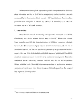 73
The temporal staleness points represent the point in time past which the timeliness
of the information provided by the DTGs is considered to be outdated, and this concept is
represented by the B parameter of their respective Old linguistic terms. Therefore, these
parameters were configured as follows: τCB = CBOld’s B parameter; τMI = MIOld’s B
parameter; and τWC = WCOld’s B parameter.
5.1.1.3 Reliability
The system was run with the reliability values presented in Table 10. The CB DTG
contains only the AIS data with the provider being exactEarth17
, which is the foremost
leader in satellite-based AIS data dissemination; thus, its ROS level was deemed to be high;
however, the ROI value was slightly reduced from the maximum as AIS data can be
intentionally spoofed. The MI DTG contains data provided by two governmental entities –
namely, NGA and IMB – both of which exhibit high degrees of reliability (ROS and ROI)
since their incident reports are peer-reviewed by maritime operators prior to their online
distribution. The WC DTG only contained simulated data, and was thus assigned the
highest reliability levels. The GD DTG contains a database of geo-locations which are
constantly revised (by users of the dataset through a wiki interface), and was thus assigned
high degrees of reliability as well.
17
http://www.exactearth.com/products/exactais#overview
 