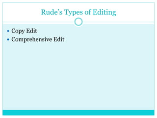 Rude’s Types of Editing
 Copy Edit
 Comprehensive Edit
 