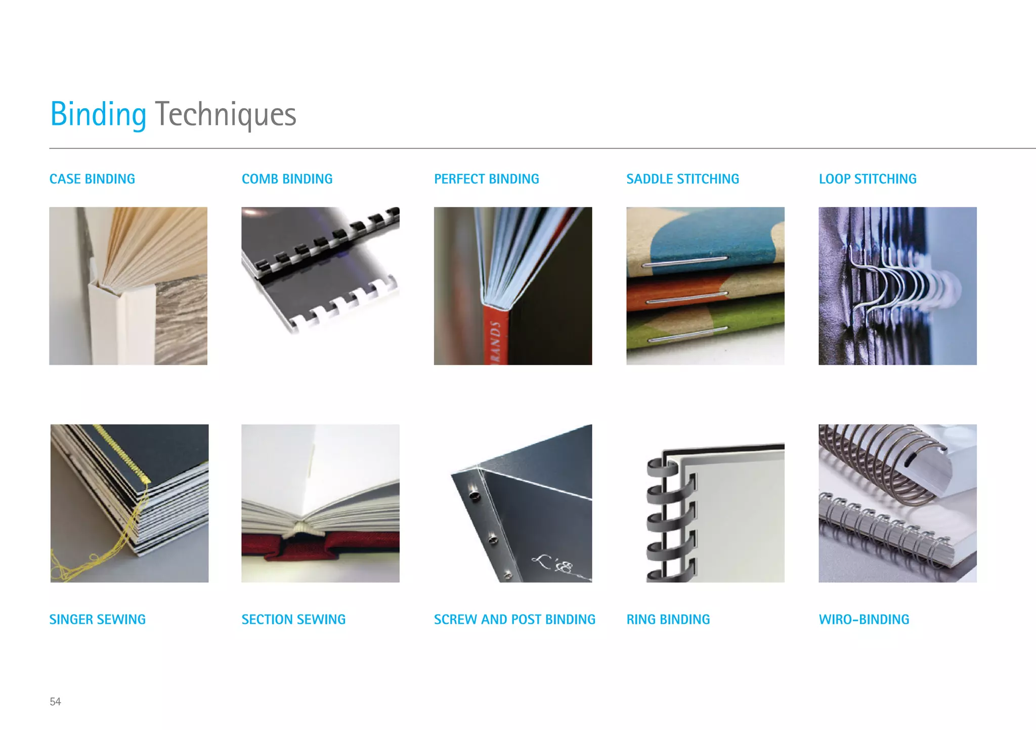 Binding Techniques
CASE BINDING COMB BINDING PERFECT BINDING SADDLE STITCHING LOOP STITCHING
SINGER SEWING SECTION SEWING SCREW AND POST BINDING RING BINDING WIRO-BINDING
54
 