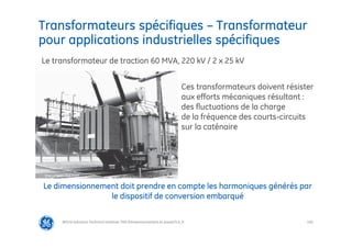 100
Transformateurs spécifiques – Transformateur
pour applications industrielles spécifiques
@Grid Solutions Technical institute-TRA/Dimensionnement et essais/5.0_fr
Le transformateur de traction 60 MVA, 220 kV / 2 x 25 kV
Ces transformateurs doivent résister
aux efforts mécaniques résultant :
des fluctuations de la charge
de la fréquence des courts-circuits
sur la caténaire
Le dimensionnement doit prendre en compte les harmoniques générés par
le dispositif de conversion embarqué
Document ALSTOM
 