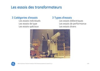109
Les essais des transformateurs
@Grid Solutions Technical institute-TRA/Dimensionnement et essais/5.0_fr
3 Catégories d’essais
Les essais individuels
Les essais de type
Les essais spéciaux
3 Types d’essais
Les essais diélectriques
Les essais de performance
Les essais divers
Document ALSTOM
 