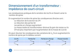 15
Dimensionnement d’un transformateur :
Impédance de court-circuit
@Grid Solutions Technical institute-TRA/Dimensionnement et essais/5.0_fr
Les conséquences pratiques de la variation de Ucc% en faisant varier le
nombre de spires
En augmentant le nombre de spires les conséquences directes sont :
La réduction de la section du CM
La réduction des pertes fer
Les pertes en charge augmentent
La masse totale du transformateur diminue (le gain de masse sur le
CM est plus important que l’augmentation de la masse de cuivre)
On peut résumer les conséquence des variations de Ucc% en augmentant le
nombre de spires par le tableau suivant
Ucc% Pertes fer Pertes en charge Masse transfo
 