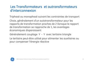 28
Les Transformateurs et autransformateurs
d’interconnexion
@Grid Solutions Technical institute-TRA/Dimensionnement et essais/5.0_fr
Triphasé ou monophasé suivant les contraintes de transport
Choix, généralement d’un autotransformateur pour les
rapports de transformation proches de 2 (lorsque le rapport
de transformation se rapproche de 1, les avantages
économiques disparaissent
Généralement couplage Y - Y avec tertiaire triangle
Le tertiaire peut-être utilisé pour alimenter les auxiliaires ou
pour compenser l’énergie réactive
 