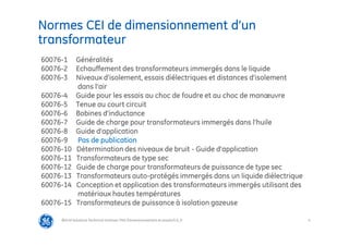 4
Normes CEI de dimensionnement d’un
transformateur
@Grid Solutions Technical institute-TRA/Dimensionnement et essais/5.0_fr
60076-1 Généralités
60076-2 Echauffement des transformateurs immergés dans le liquide
60076-3 Niveaux d’isolement, essais diélectriques et distances d’isolement
dans l’air
60076-4 Guide pour les essais au choc de foudre et au choc de manœuvre
60076-5 Tenue au court circuit
60076-6 Bobines d’inductance
60076-7 Guide de charge pour transformateurs immergés dans l’huile
60076-8 Guide d’application
60076-9 Pas de publication
60076-10 Détermination des niveaux de bruit - Guide d’application
60076-11 Transformateurs de type sec
60076-12 Guide de charge pour transformateurs de puissance de type sec
60076-13 Transformateurs auto-protégés immergés dans un liquide diélectrique
60076-14 Conception et application des transformateurs immergés utilisant des
matériaux hautes températures
60076-15 Transformateurs de puissance à isolation gazeuse
 