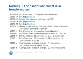 5
Normes CEI de dimensionnement d’un
transformateur
@Grid Solutions Technical institute-TRA/Dimensionnement et essais/5.0_fr
60076-16 Transformateurs pour applications éoliennes
60076-17 Pas de publication
60076-18 Mesure de la réponse en fréquence (FRA)
60076-19 Pas de publication
60076-20 Pas de publication
60076-21 Exigences des normes, terminologie et code d’essais pour
régulateurs par crans de tension
61378-1 Transformateurs pour applications industrielles
61378-2 Transformateurs de conversion pour applications CCHT
61378-3 Transformateurs de conversion – Guide d’application
62032 Transformateurs déphaseurs – Guide d’applications,
spécifications et essais
60214-1 Changeurs de prises en charge – Prescription de
performance et méthode d’essais
60214-2 Changeurs de prises en charge – Guide d’applications
 