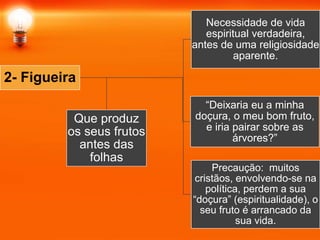 2- Figueira
Necessidade de vida
espiritual verdadeira,
antes de uma religiosidade
aparente.
“Deixaria eu a minha
doçura, o meu bom fruto,
e iria pairar sobre as
árvores?”
Precaução: muitos
cristãos, envolvendo-se na
política, perdem a sua
“doçura” (espiritualidade), o
seu fruto é arrancado da
sua vida.
Que produz
os seus frutos
antes das
folhas
 