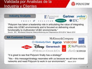 Validada por Analistas de la
Industria y Clientes

    Industry Analysts


  “Polycom has taken a leadership role in articulating the value of integrating
  video into UC&C environments and is focused on delivering visual
  functionality to multivendor UC&C environments.”
  Source: IDC, “Worldwide Enterprise Videoconferencing and Telepresence 2010-2014,” March 2010


 NA Customer Council




  “It is great to see that Polycom finally has a strategy!”
  “Yes – this message/strategy resonates with us because we all have mixed
  networks and need Polycom to work in our environment.” March 2010

                                                                                                 August 2010   15
 