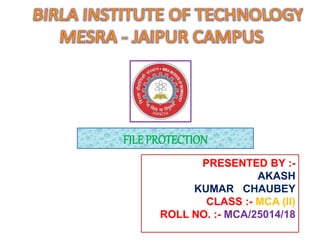 FILE PROTECTION
PRESENTED BY :-
AKASH
KUMAR CHAUBEY
CLASS :- MCA (II)
ROLL NO. :- MCA/25014/18
 