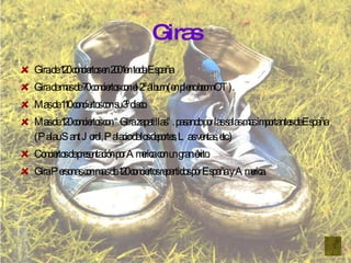 Giras Gira de 120 conciertos en 2001en toda España Gira de mas de 70 conciertos con el 2º álbum (en pleno boom OT). Mas de 110 conciertos con su 3º disco. Mas de 120 conciertos con “Gira zapatillas”. pasando por las salas mas importantes de España (Palau Sant Jordi, Palacio de los deportes, Las ventas, etc.) Conciertos de presentación por America con un gran éxito. Gira Personas con mas de 120 conciertos repartidos por España y America. 