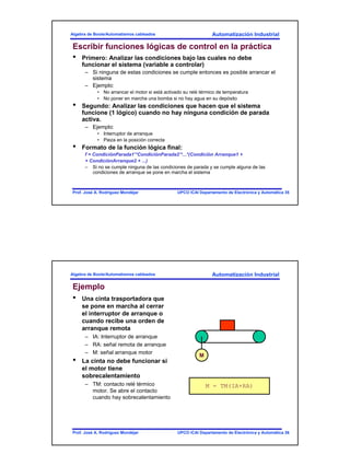 18
Automatización Industrial
UPCO ICAI Departamento de Electrónica y Automática 35Prof. José A. Rodríguez Mondéjar
Algebra de Boole/Automatismos cableados
Escribir funciones lógicas de control en la práctica
• Primero: Analizar las condiciones bajo las cuales no debe
funcionar el sistema (variable a controlar)
– Si ninguna de estas condiciones se cumple entonces es posible arrancar el
sistema
– Ejemplo:
• No arrancar el motor si está activado su relé térmico de temperatura
• No poner en marcha una bomba si no hay agua en su depósito
• Segundo: Analizar las condiciones que hacen que el sistema
funcione (1 lógico) cuando no hay ninguna condición de parada
activa.
– Ejemplo:
• Interruptor de arranque
• Pieza en la posición correcta
• Formato de la función lógica final:
f = CondiciónParada1’*CondiciónParada2’*...*(Condición Arranque1 +
+ CondiciónArranque2 + ...)
– Si no se cumple ninguna de las condiciones de parada y se cumple alguna de las
condiciones de arranque se pone en marcha el sistema
Automatización Industrial
UPCO ICAI Departamento de Electrónica y Automática 36Prof. José A. Rodríguez Mondéjar
Algebra de Boole/Automatismos cableados
Ejemplo
• Una cinta trasportadora que
se pone en marcha al cerrar
el interruptor de arranque o
cuando recibe una orden de
arranque remota
– IA: Interruptor de arranque
– RA: señal remota de arranque
– M: señal arranque motor
• La cinta no debe funcionar si
el motor tiene
sobrecalentamiento
– TM: contacto relé térmico
motor. Se abre el contacto
cuando hay sobrecalentamiento
M
M = TM(IA+RA)
 