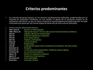 Criterios predominantes
• Los artículos del grupo Espacio, en sus diversas manifestaciones publicadas, predominadas por un
conjunto de propuestas novedosas, en ese sentido, el aporte de la asociación Espacio es de
orientación estructural, en que la cultura evoluciona incontrastablemente gobernada por las leyes
universales que pasan por las mismas etapas de desarrollo de otras culturas avanzadas.
• Entre los artículos seleccionados tenemos:
• 1947: Junio 25 Espacio, Luis Miro-Quesada.
• 1948 : Marzo 18 “Agrupación Espacio” de Lima está en pie de lucha (de Excélsior de México).
• Abril 01 Tragedia y Mentira de los Neo-Estilos.
• Abril 15 El Espacio indecible de Le Corbusier.
• Abril 22 Lima, ciudad enferma.
• Abril 29 Tradición y Antitradición.
• Mayo 20 La Carta de Atenas.
• Junio 03 Prefabricación.
• Julio 08 La Agrupación Espacio frente al problema de la ubicación del nuevo estado.
• Setiembre 16 Pampulha.
• Setiembre 23 La crítica de la obra arquitectónica. Problemas urbanos vigentes.
• Setiembre 30 Los monumentos históricos.
• Agosto 05 Donde va la arquitectura moderna?
• Agosto 12 Arquitectura Contemporánea.
• Noviembre 04 Frank Lloyd Wright.
• Noviembre Homenaje a Picasso.
 
