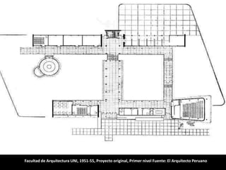 Facultad de Arquitectura UNI, 1951-55, Proyecto original, Primer nivel Fuente: El Arquitecto Peruano
 
