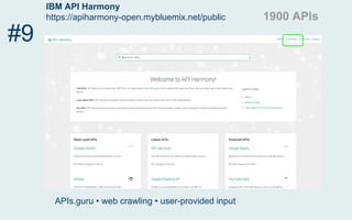 IBM API Harmony
https://apiharmony-open.mybluemix.net/public
#9
APIs.guru • web crawling • user-provided input
1900 APIs
 