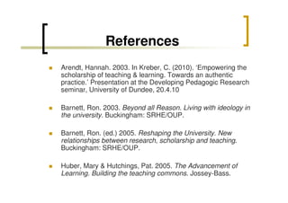 References
Arendt, Hannah. 2003. In Kreber, C. (2010). ‘Empowering the
scholarship of teaching & learning. Towards an authentic
practice.’ Presentation at the Developing Pedagogic Research
seminar, University of Dundee, 20.4.10
Barnett, Ron. 2003. Beyond all Reason. Living with ideology in
the university. Buckingham: SRHE/OUP.
Barnett, Ron. (ed.) 2005. Reshaping the University. New
relationships between research, scholarship and teaching.
Buckingham: SRHE/OUP.
Huber, Mary & Hutchings, Pat. 2005. The Advancement of
Learning. Building the teaching commons. Jossey-Bass.

 