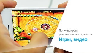 Популярность
рекламоемких сервисов
Игры, видео
 